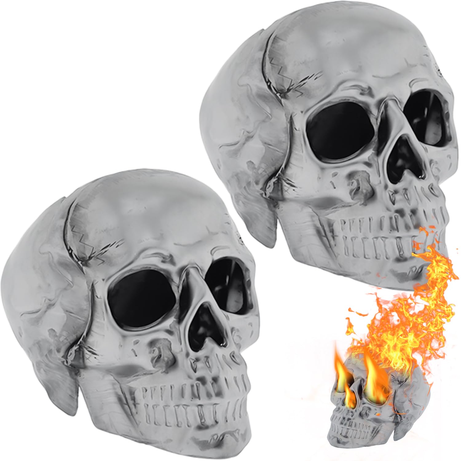 Jmofo imitated human skull fire log in metal enhances indoor ambiance and safe flame display.