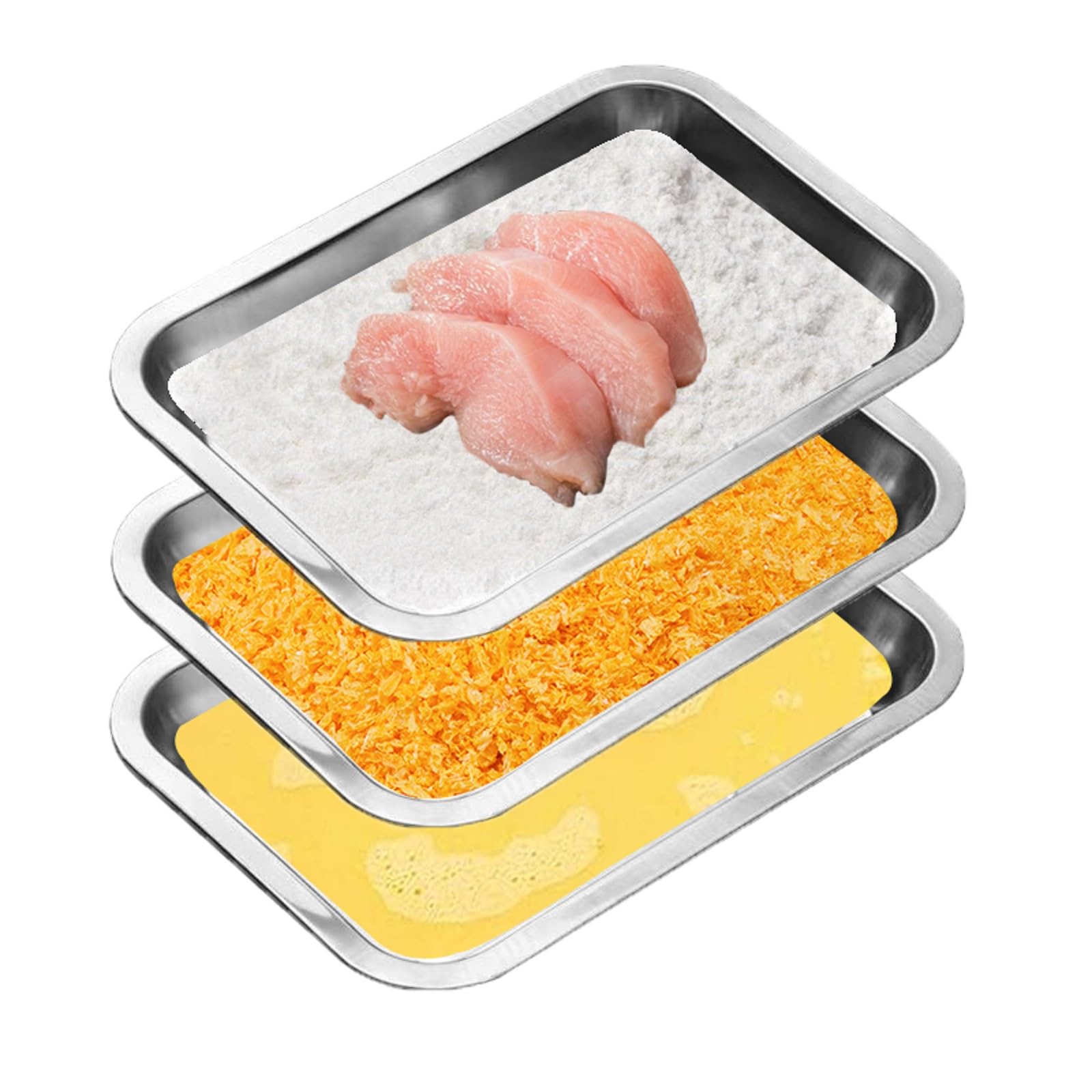 JMUSTTBO breading trays set, three trays stacked for easy storage