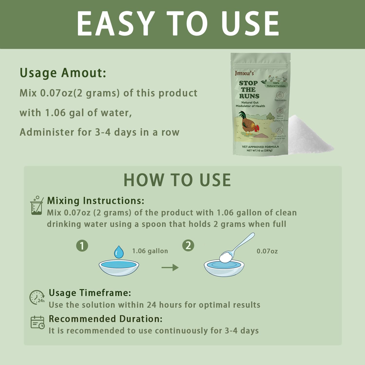 Jmxu's Chicken Gut Modulator powder dissolving in water for easy administration.
