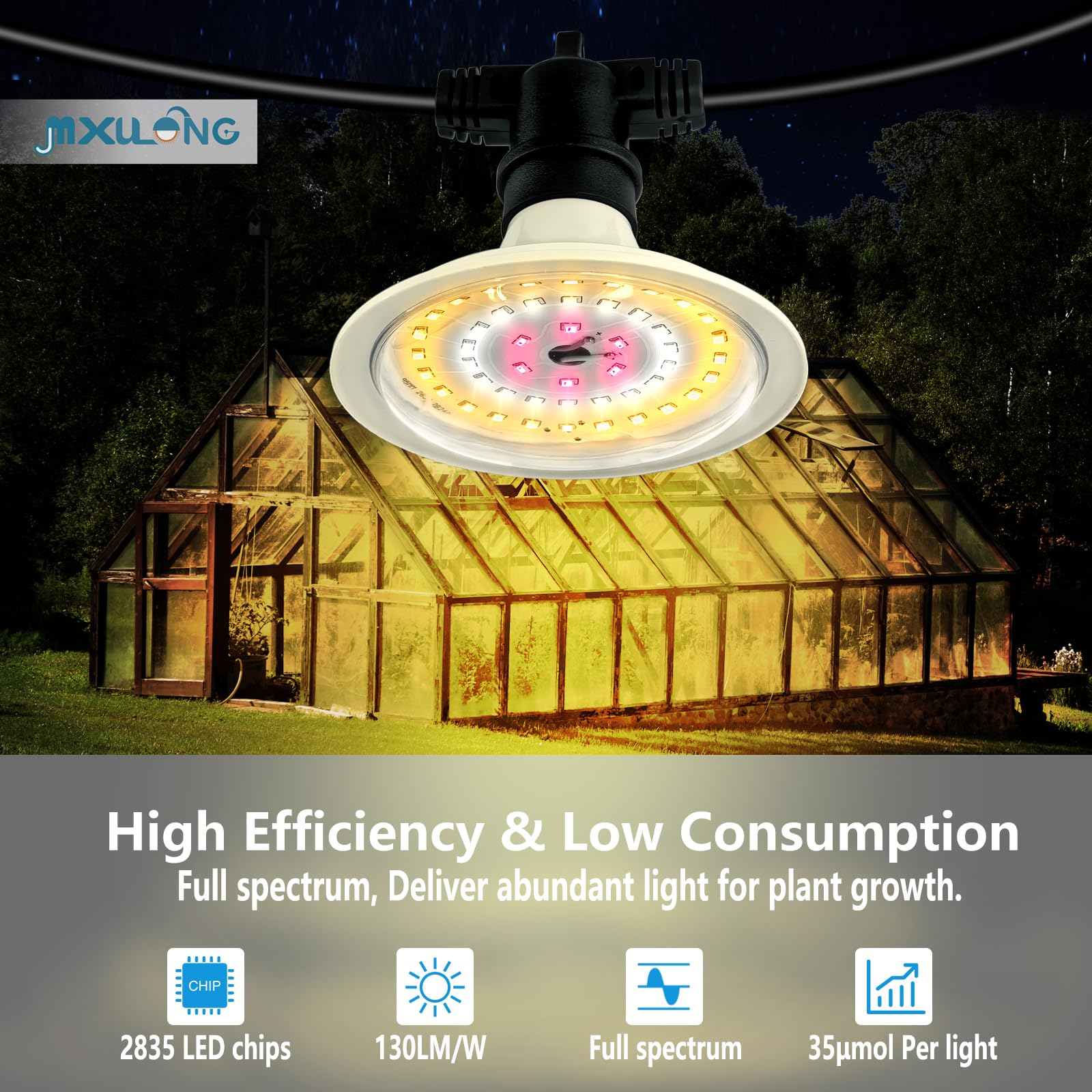 JMXULONG aluminum reflector directs light efficiently onto plants.