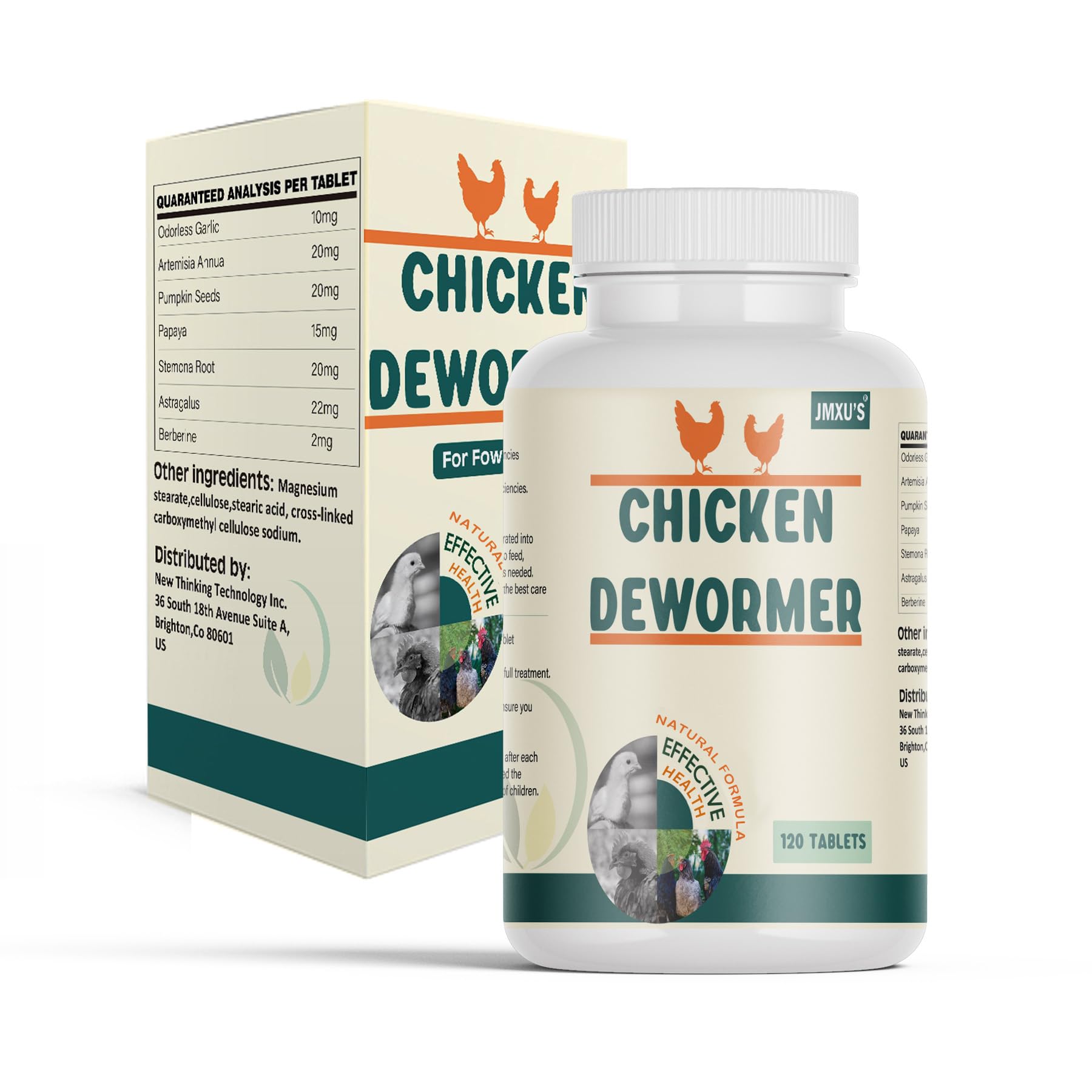 Jmxu's Chicken Dewormer bottle front highlighting natural poultry support.