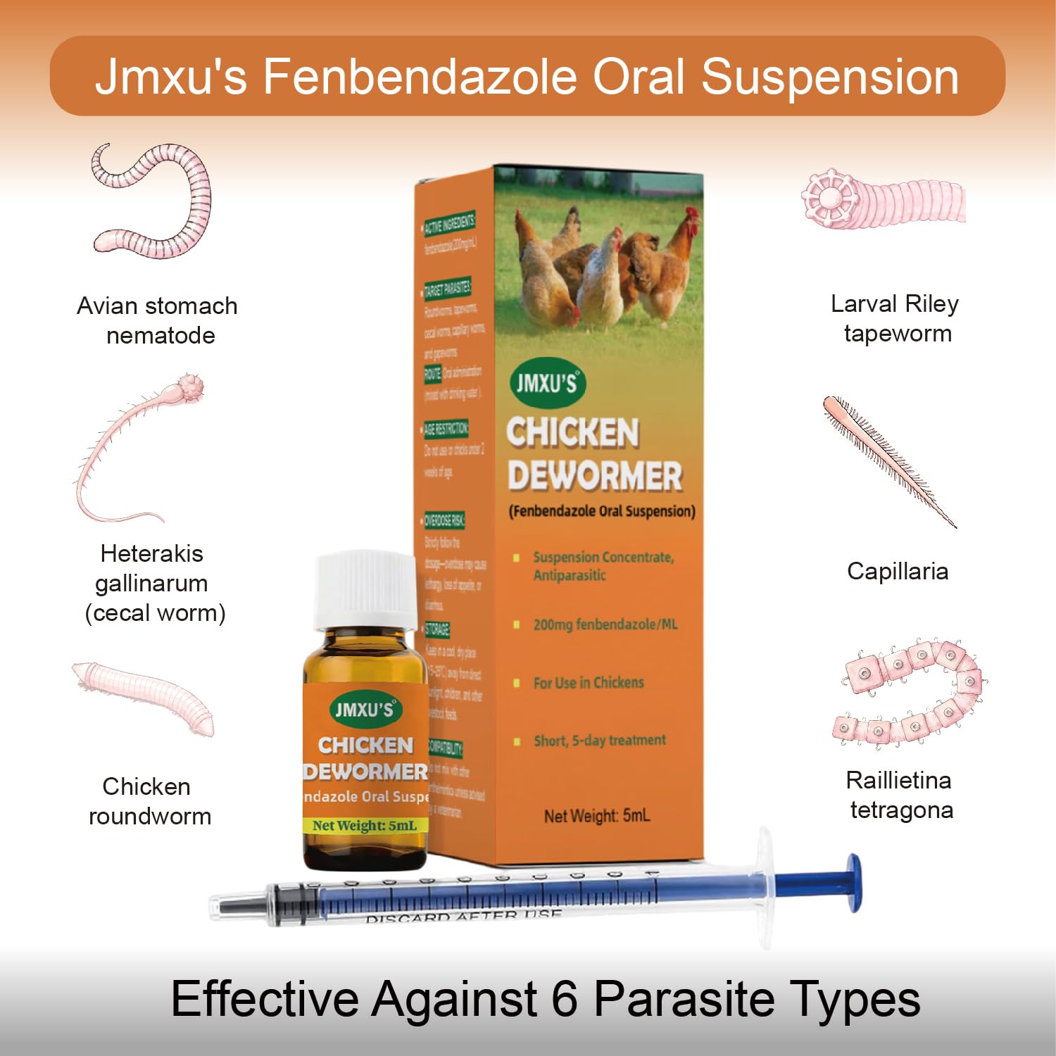 Jmxus fenbendazole suspension closeup showing high-potency formula for poultry.