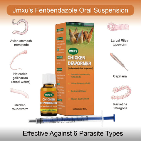 Jmxus fenbendazole suspension closeup showing high-potency formula for poultry.