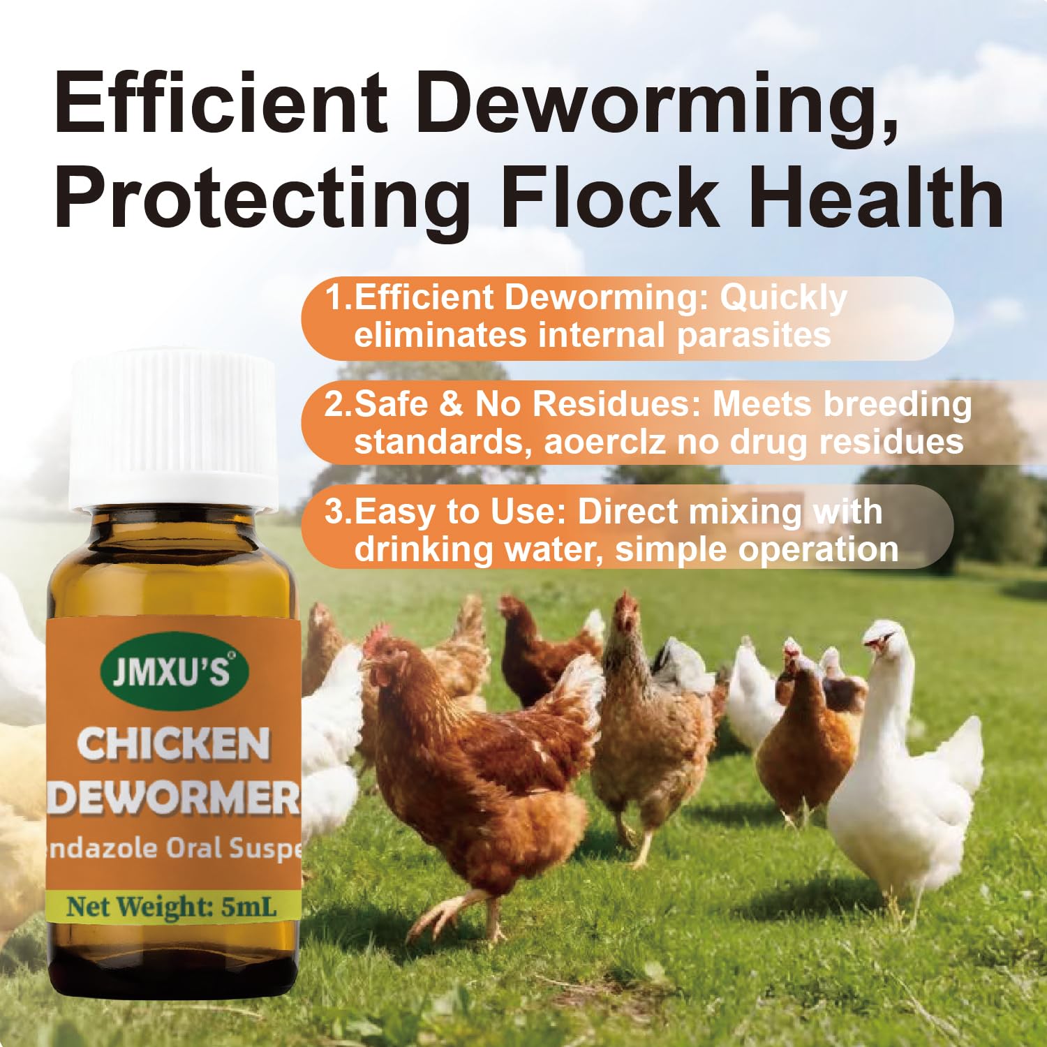 Jmxus water-soluble dosing mix ready for smooth administration in poultry care.