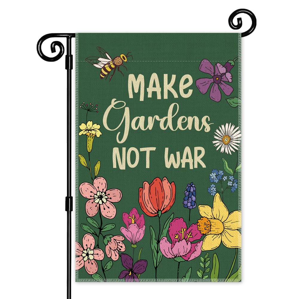 JMYROG Make Gardens Not War Garden Flag front view for outdoor peace decor.