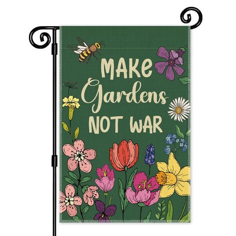 JMYROG Make Gardens Not War Garden Flag front view for outdoor peace decor.