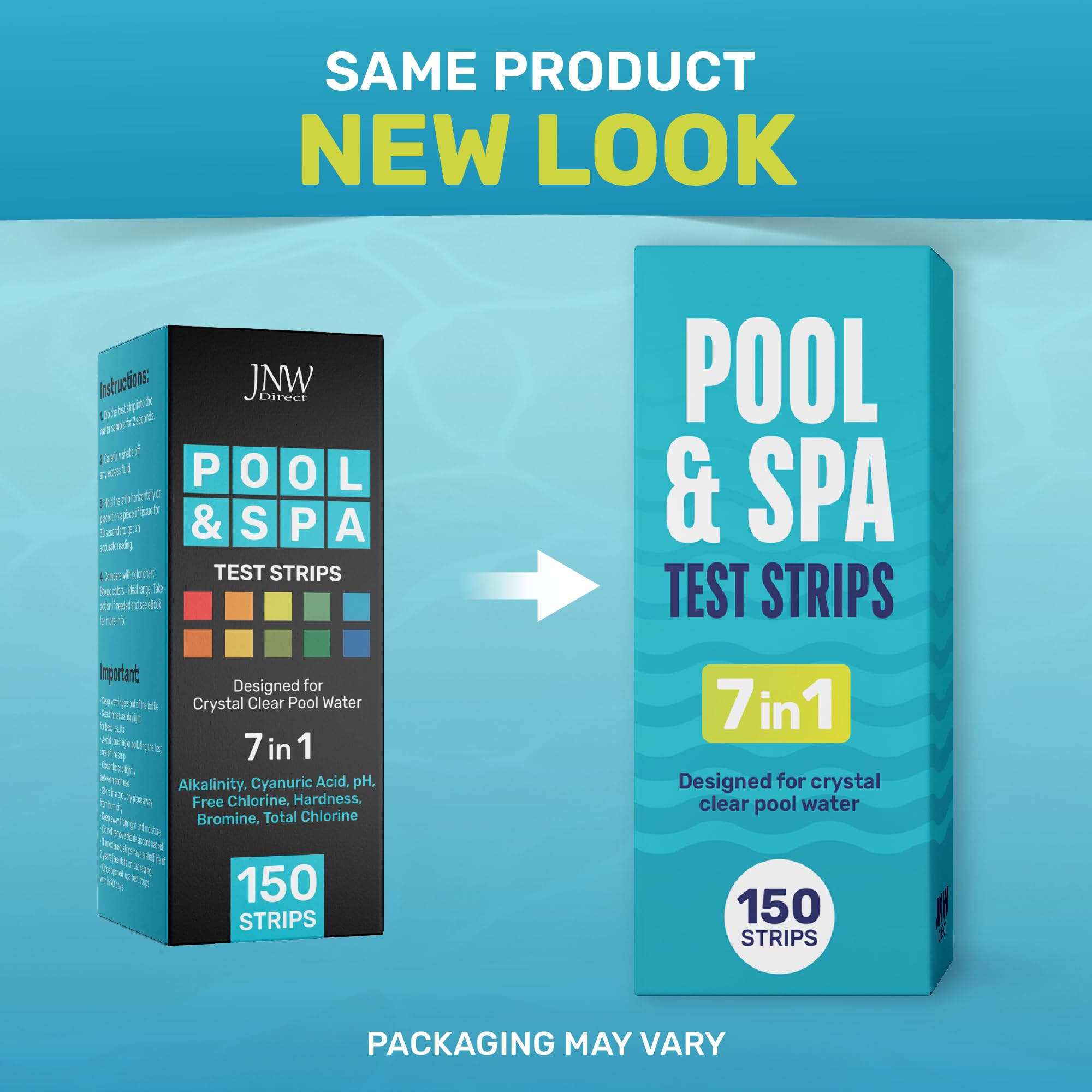 JNW Direct 150-strip pool test kit laid out for testing