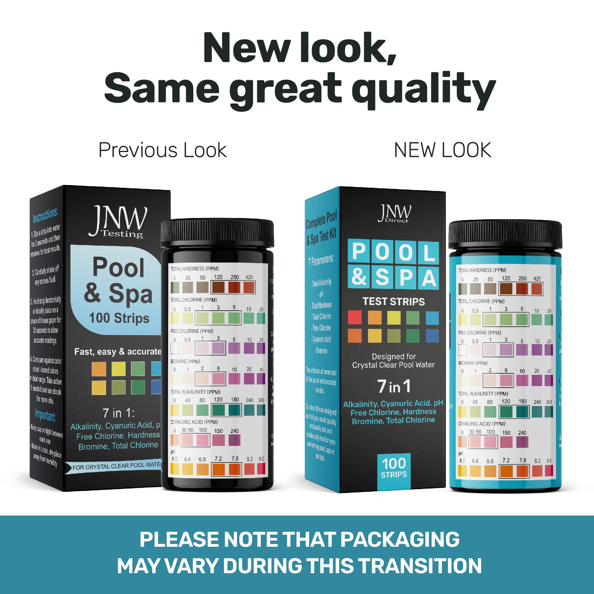 JNW Direct 7-in-1 pool test strips color chart enables quick, accurate readings.