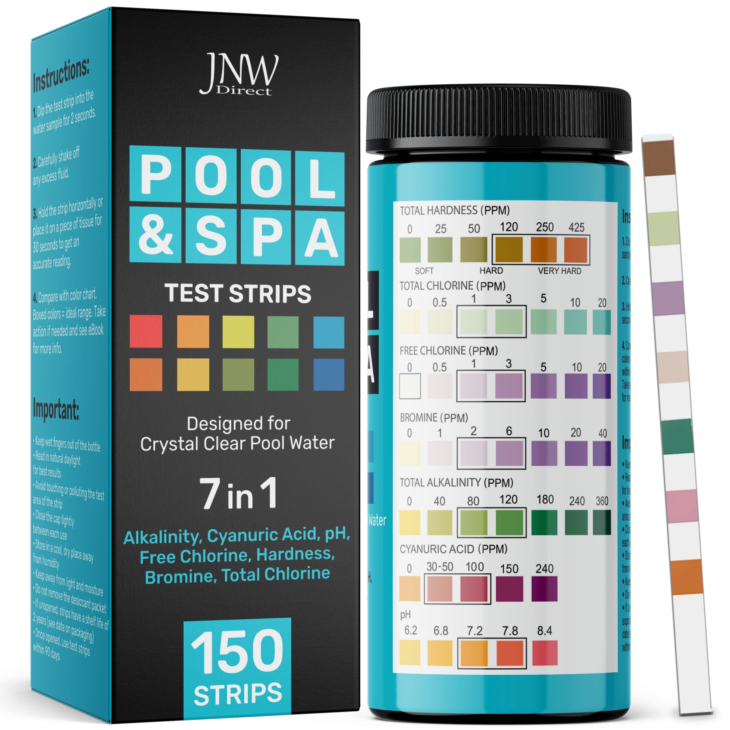 JNW Direct 7-in-1 pool test strips packaging for quick setup