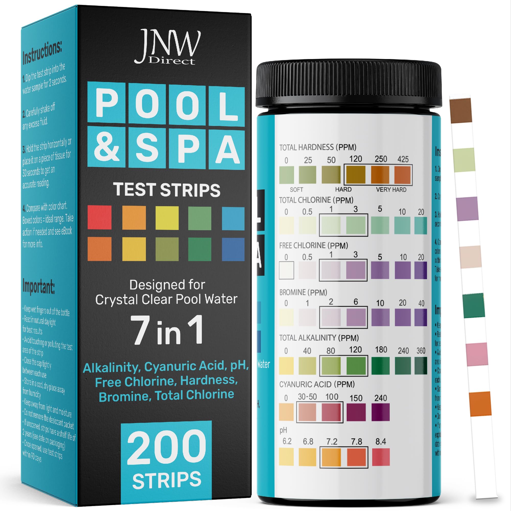 JNW Direct pool test strips 7-in-1 bottle for quick home testing