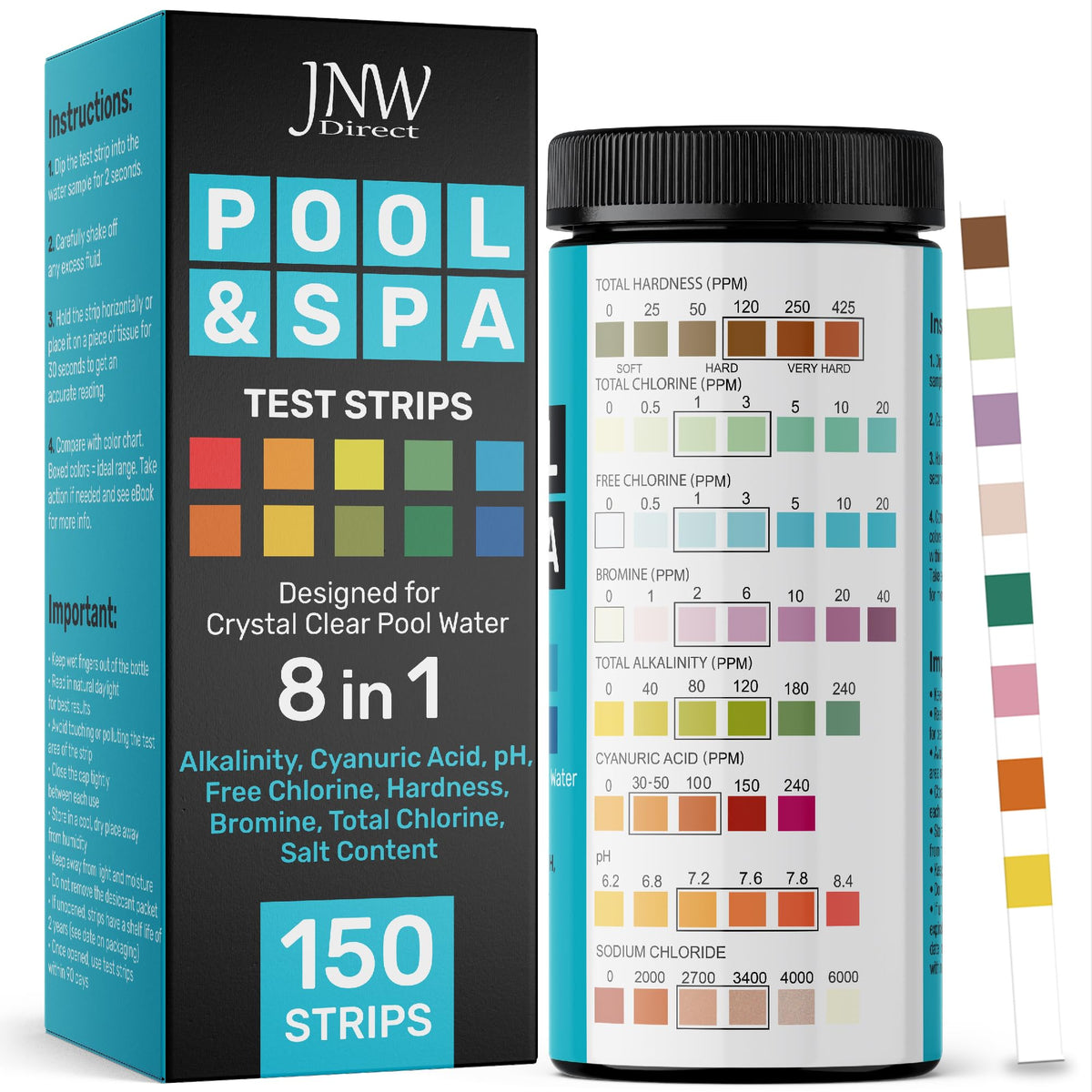 JNW Direct 8-in-1 pool test strips bottle close-up for quick testing