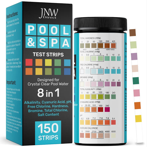 JNW Direct 8-in-1 pool test strips bottle close-up for quick testing