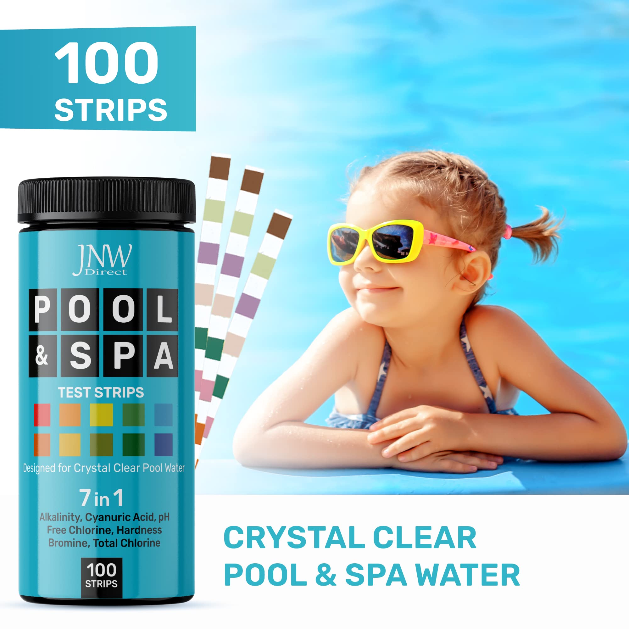 JNW Direct pool test strips dip into water for fast, easy results.