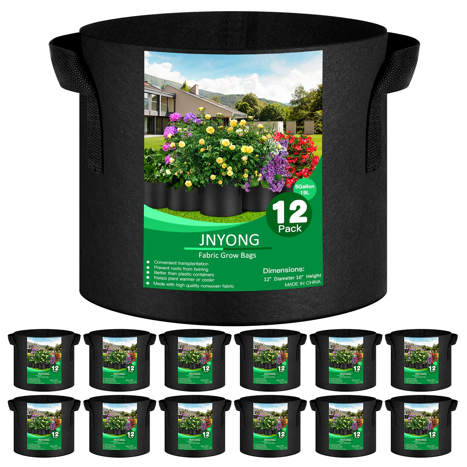 JNYONG 12-pack 5-gallon grow bags side view for easy transport and aeration