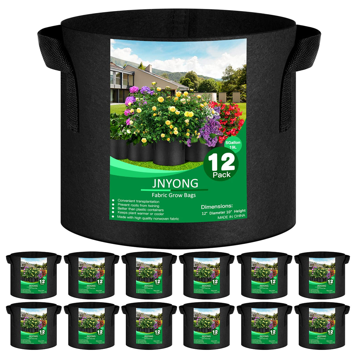 JNYONG 12-pack 5-gallon grow bags side view for easy transport and aeration