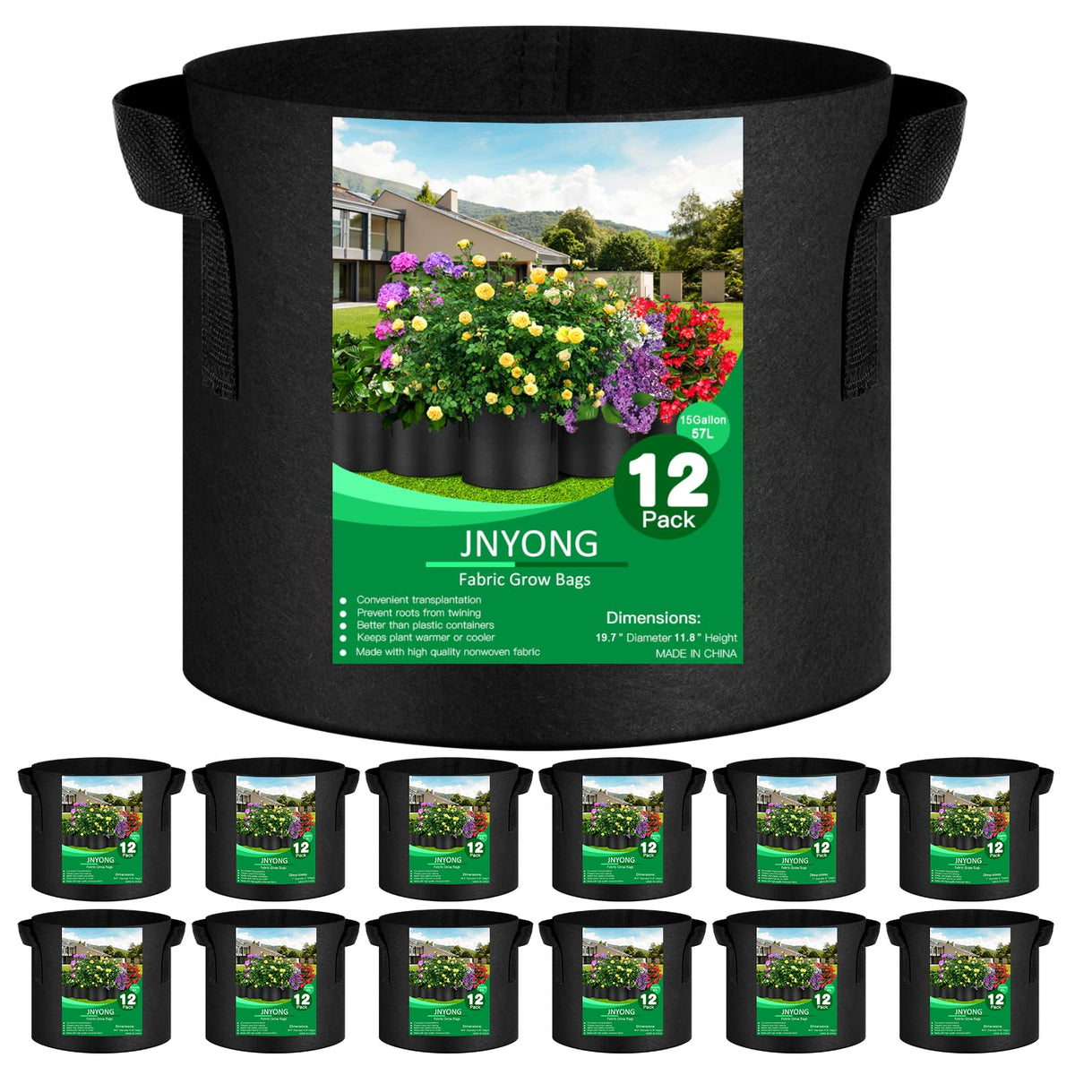 JNYONG 12-pack 15-gallon grow bags with handles in black for easy transport.