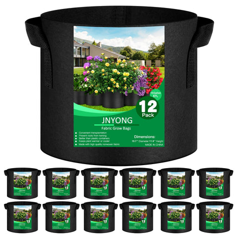JNYONG 12-pack 15-gallon grow bags with handles in black for easy transport.