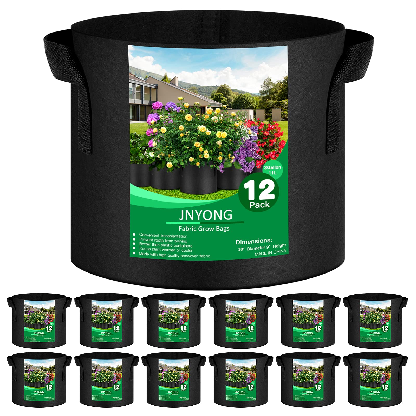 JNYONG 12-pack 3-gallon grow bags with handles for easy relocation.