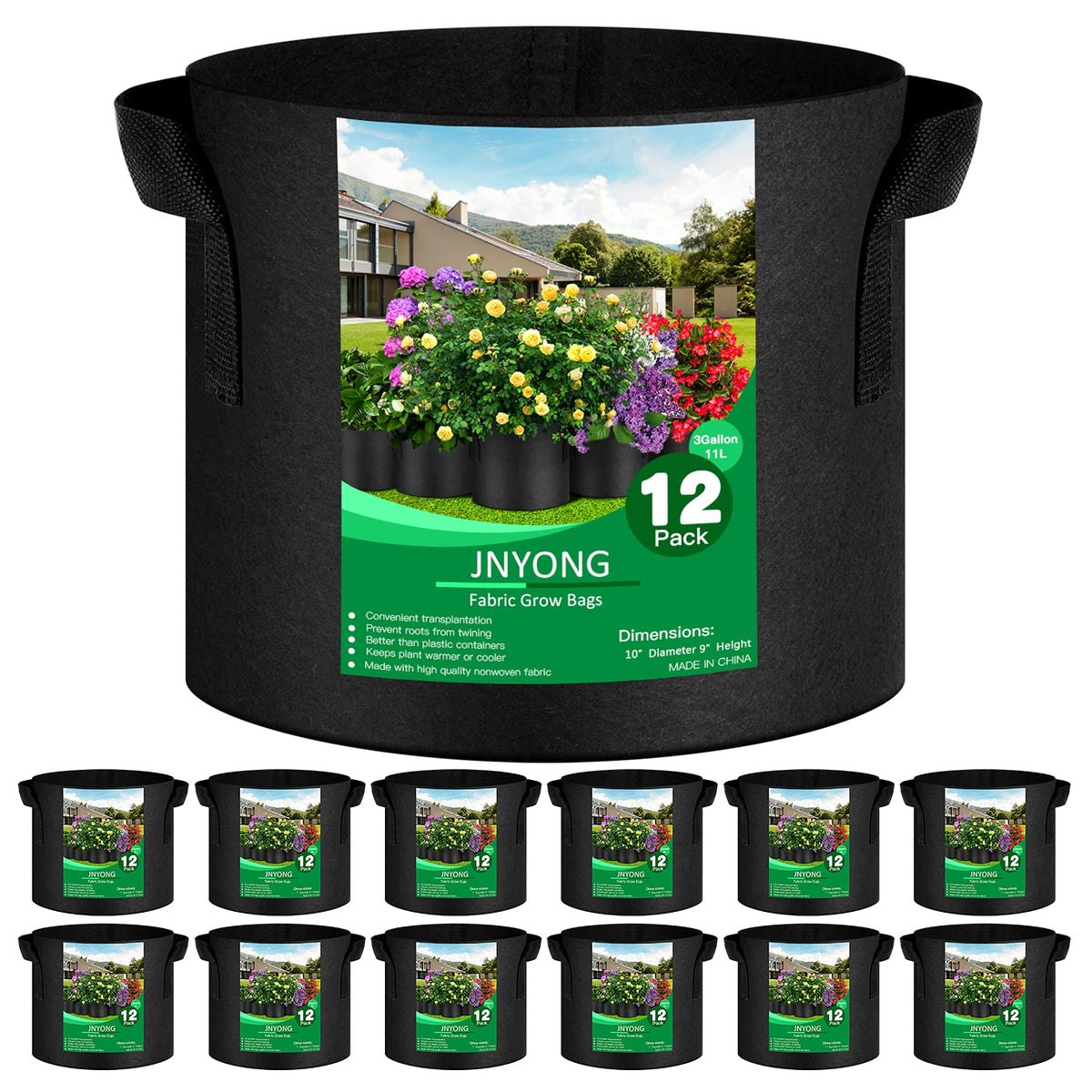 JNYONG 12-pack 3-gallon grow bags with handles for easy relocation.
