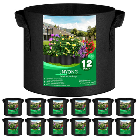 JNYONG 12-pack 3-gallon grow bags with handles for easy relocation.