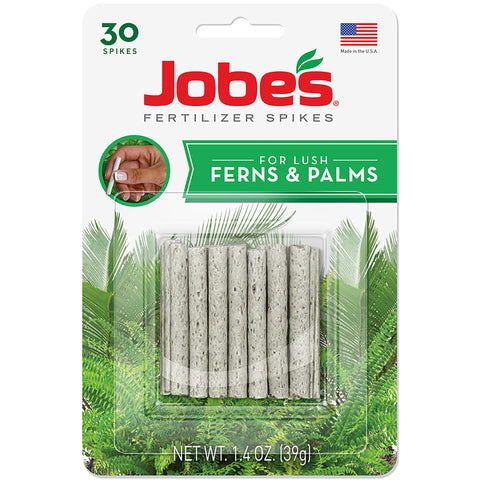 Jobe's Fern & Palm Spikes packaging easy mess-free root feeding for lush indoor foliage.