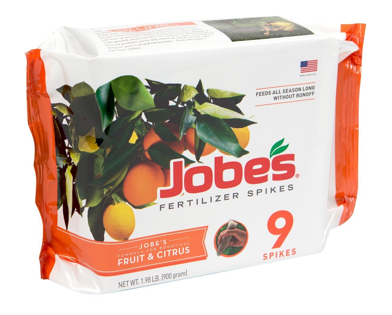 Jobe’s Fruit & Citrus Fertilizer Spikes inserted around a tree’s dripline for targeted feeding.