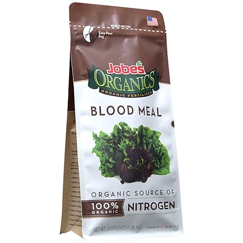 Closeup of Jobe's Organics blood meal granules for quick soil nitrogen release in tomatoes and greens.