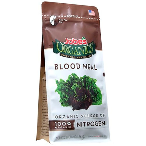 Closeup of Jobe's Organics blood meal granules for quick soil nitrogen release in tomatoes and greens.