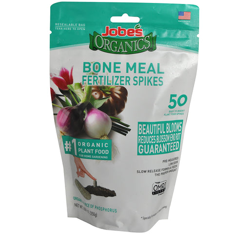 Jobe's Organics Bone Meal Spikes root feed promoting steady growth in soil