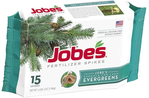 Jobe's Organics evergreen spike placed around a shrub for year-long feeding.