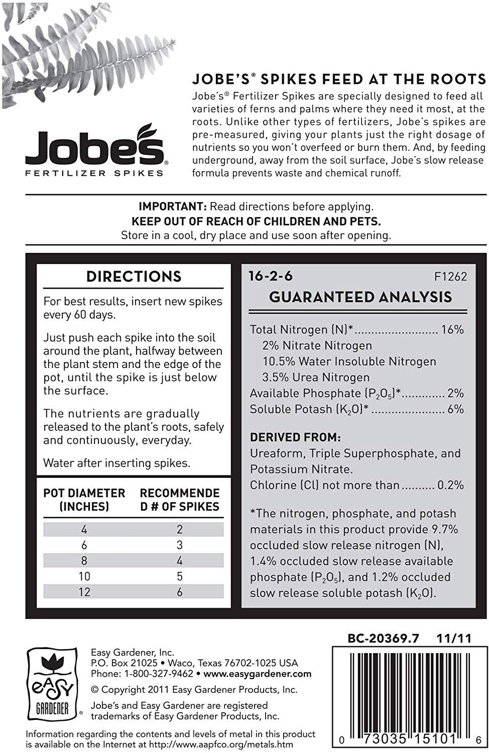 Jobe's Organics fern and palm spikes in use providing targeted nourishment for pots