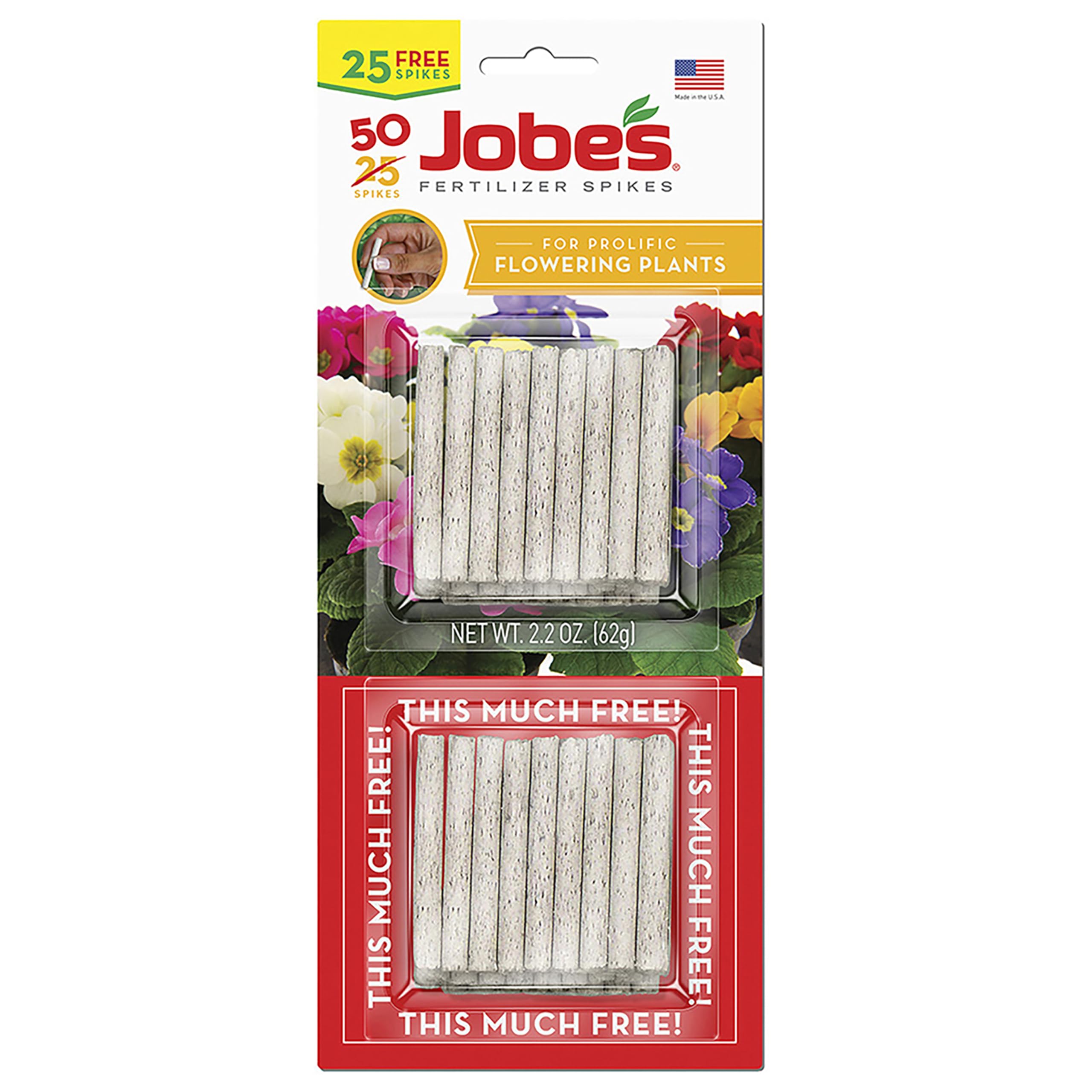 Jobe's Organics flowering spikes packaging shown for easy slow-release indoor plant feeding