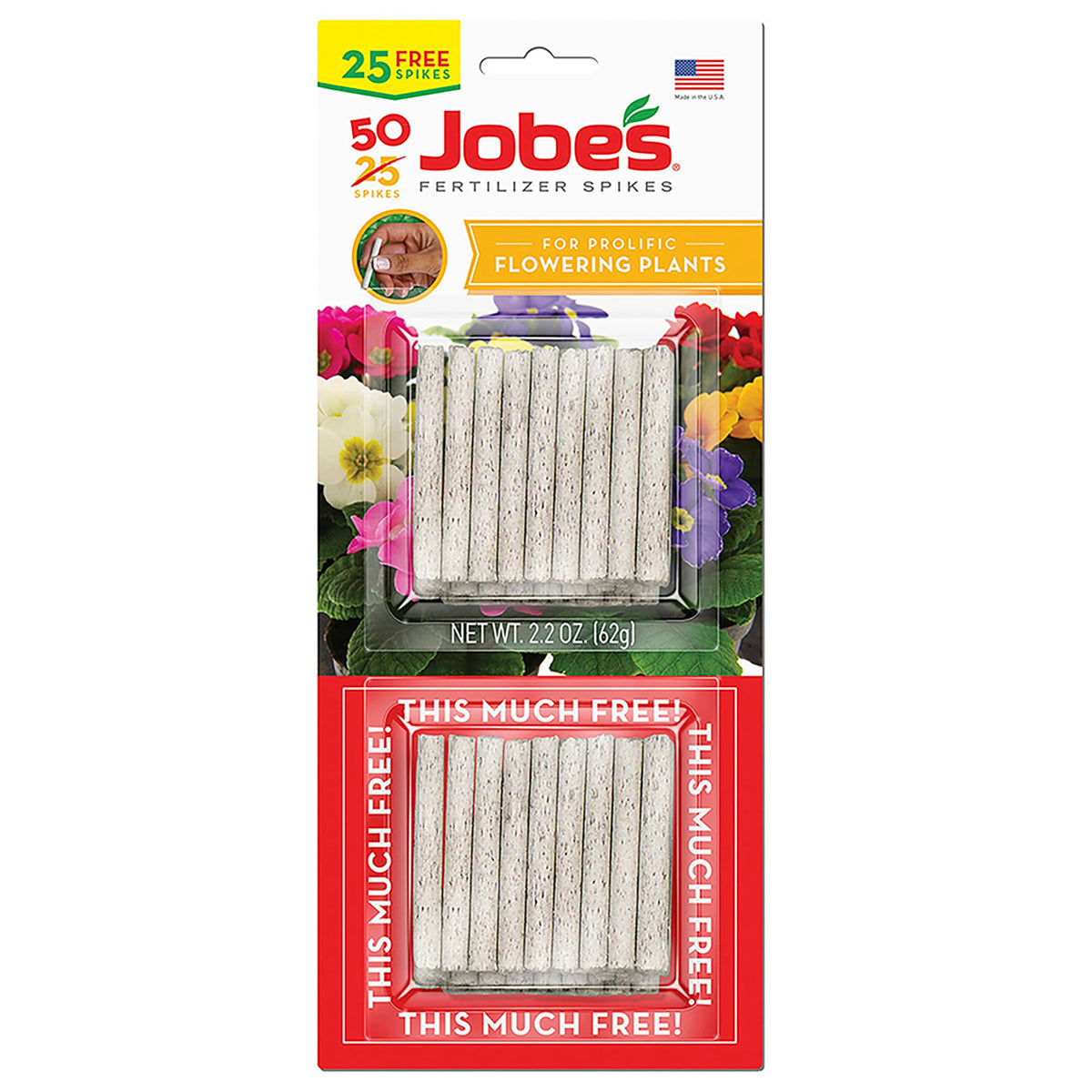 Jobe's Organics flowering spikes packaging shown for easy slow-release indoor plant feeding