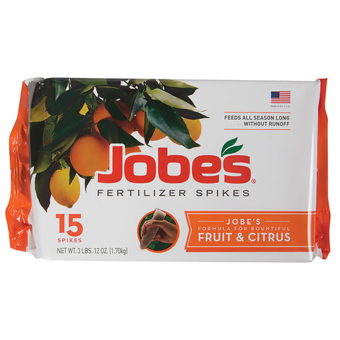 Jobe's Organics fertilizer spikes packaging shown for easy garden use.