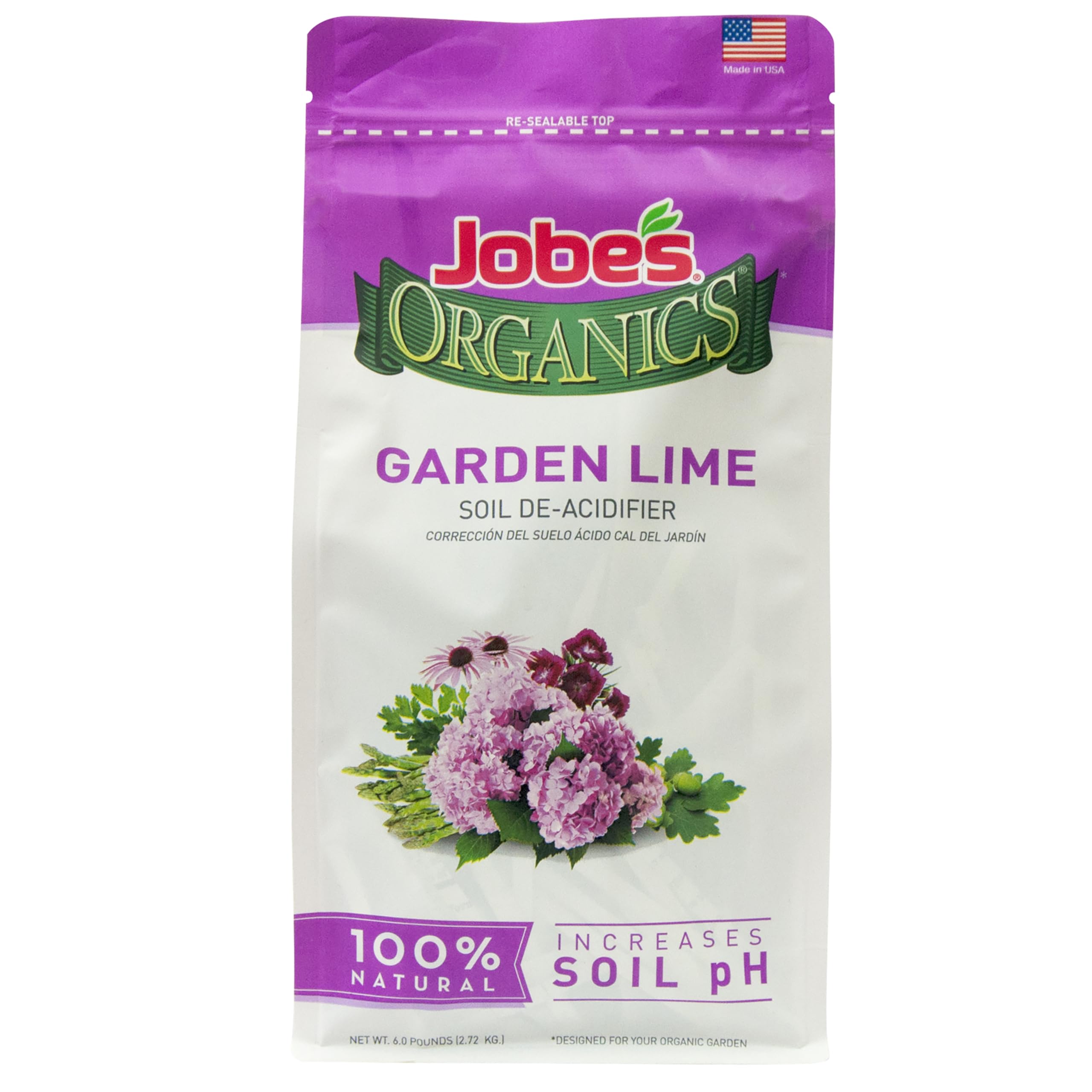 Jobe's Organics Garden Lime bag shows organic soil amendment for pH balance.