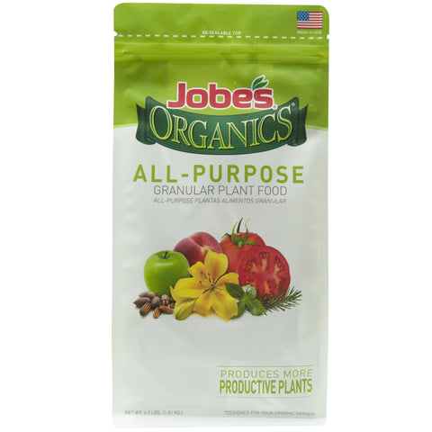Jobe’s Organics granular fertilizer 4lb bag for quick feeding of vegetables and flowers.