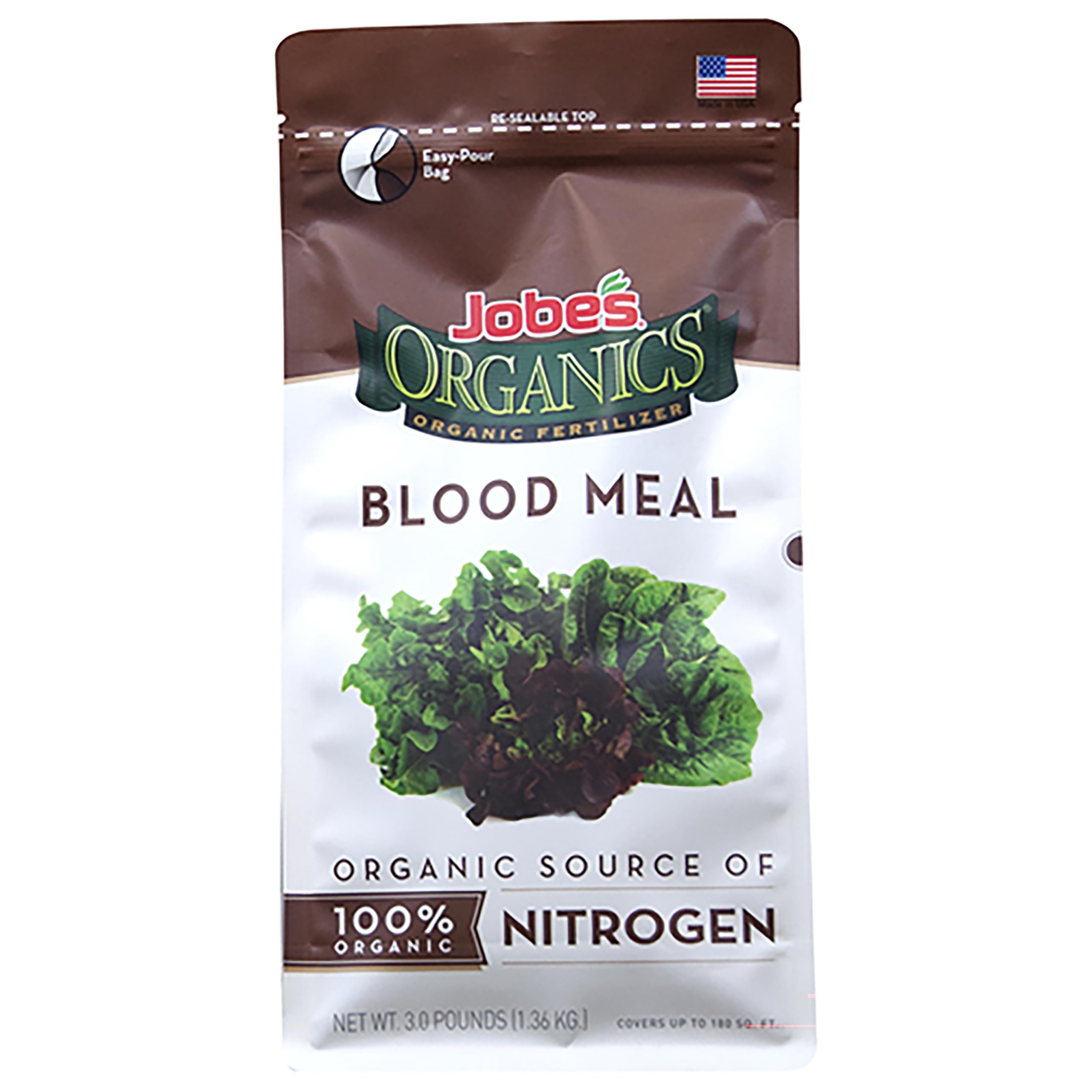 Jobe's Organics granular blood meal bag provides nitrogen-rich feed for vibrant leafy greens.