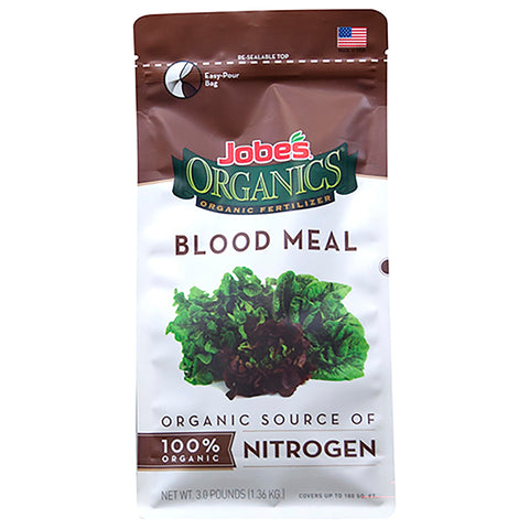 Jobe's Organics granular blood meal bag provides nitrogen-rich feed for vibrant leafy greens.
