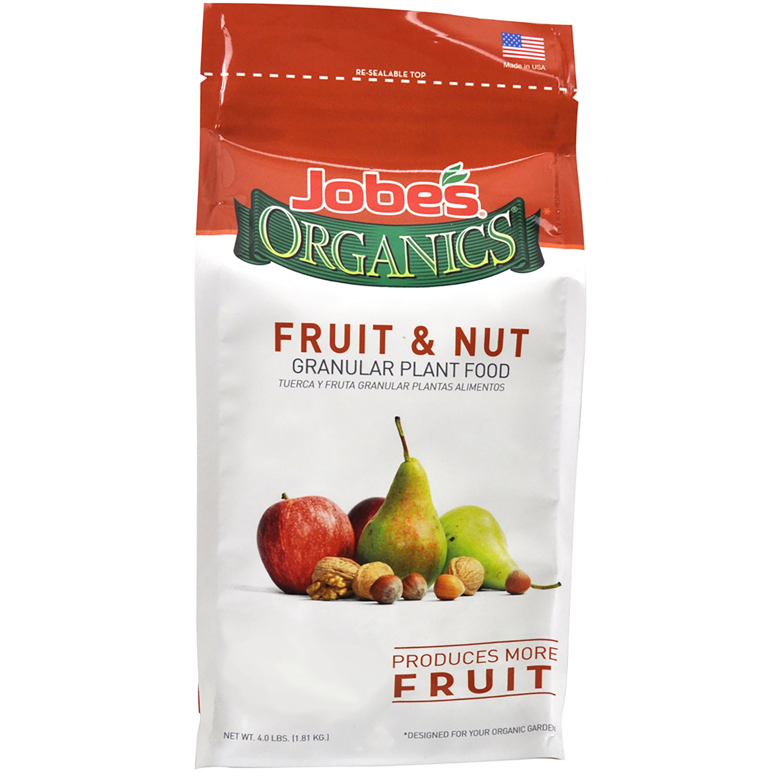 Jobe’s Organics granular fertilizer bag close-up for fruit and nut plants, ready to nourish.