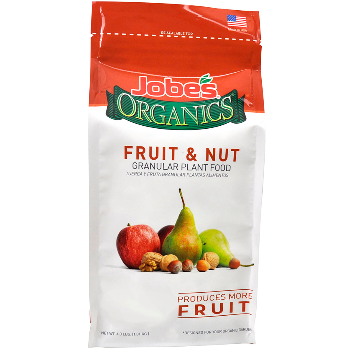 Jobe’s Organics granular fertilizer bag close-up for fruit and nut plants, ready to nourish.