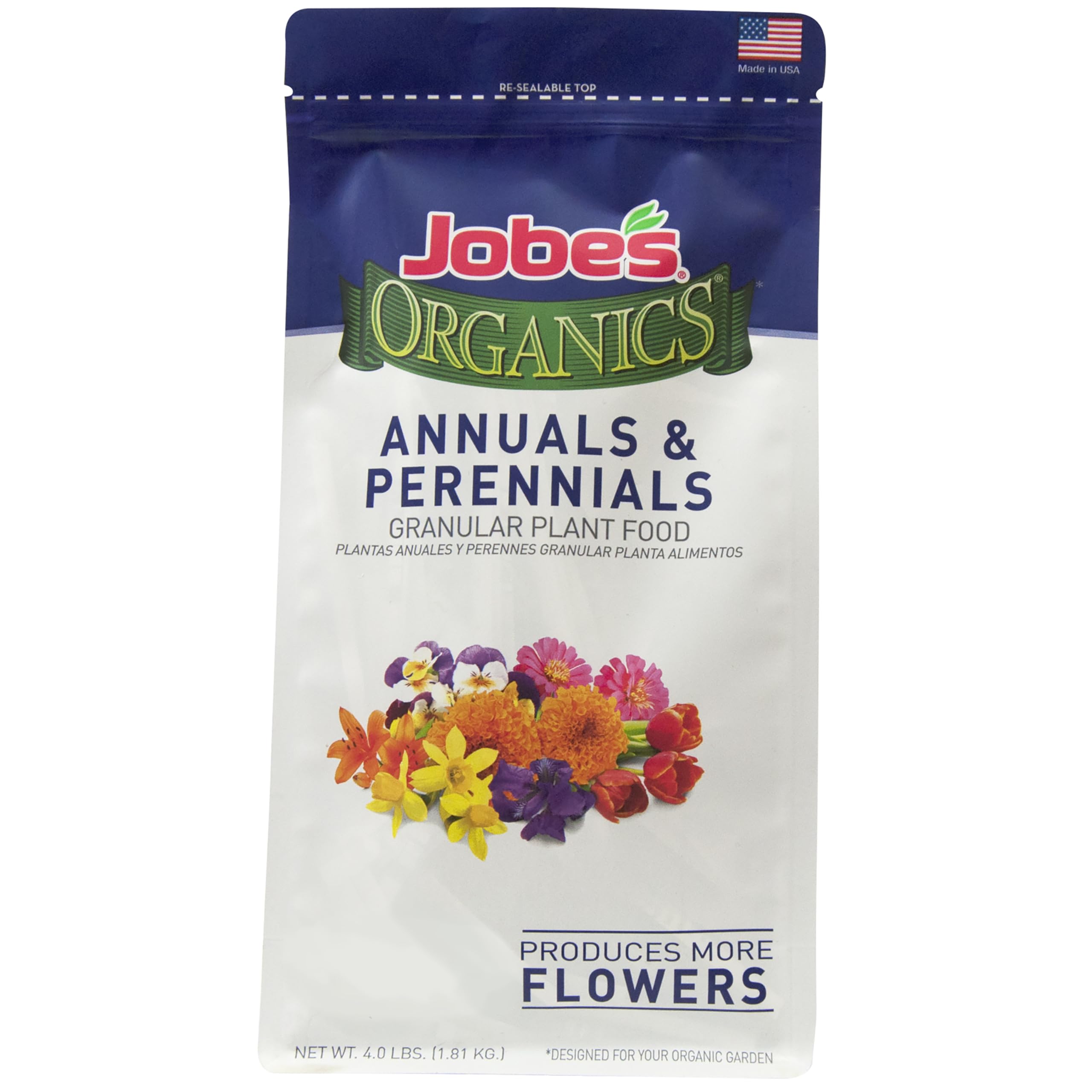 Jobe's Organics granular fertilizer bag ready for garden application to boost blooms