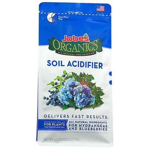 Jobe's Organics granular soil amendment bag for acid-loving blueberries and hydrangeas.