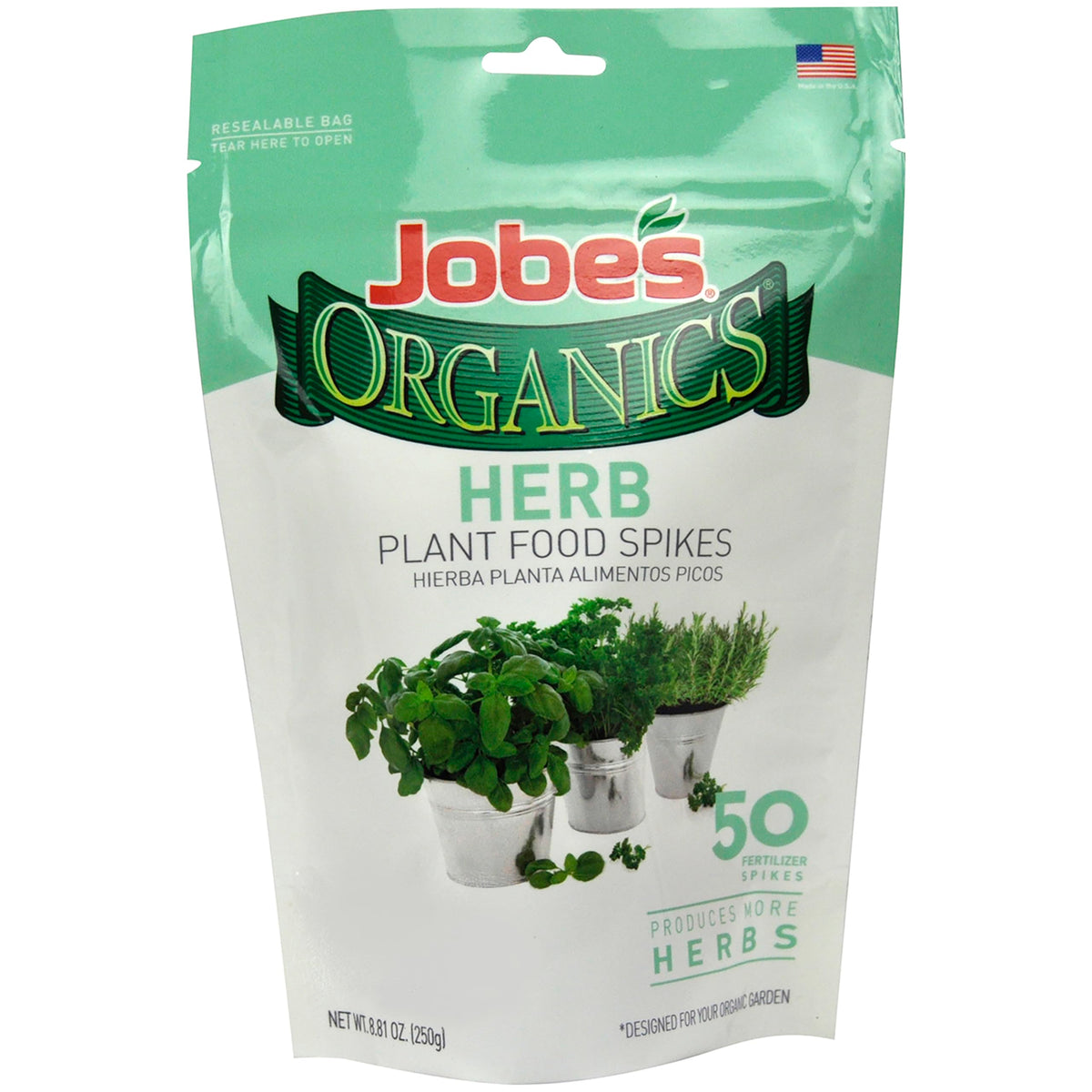 Jobe's Organics herb spikes packaging showing mess-free feeding