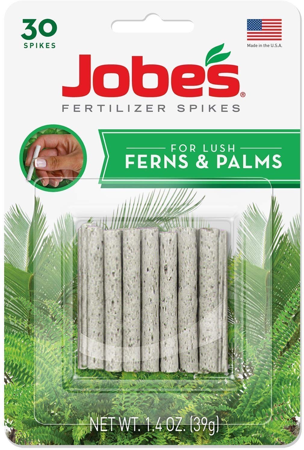 Jobe's Organics indoor fertilizer spikes packaging highlights fern and palm use
