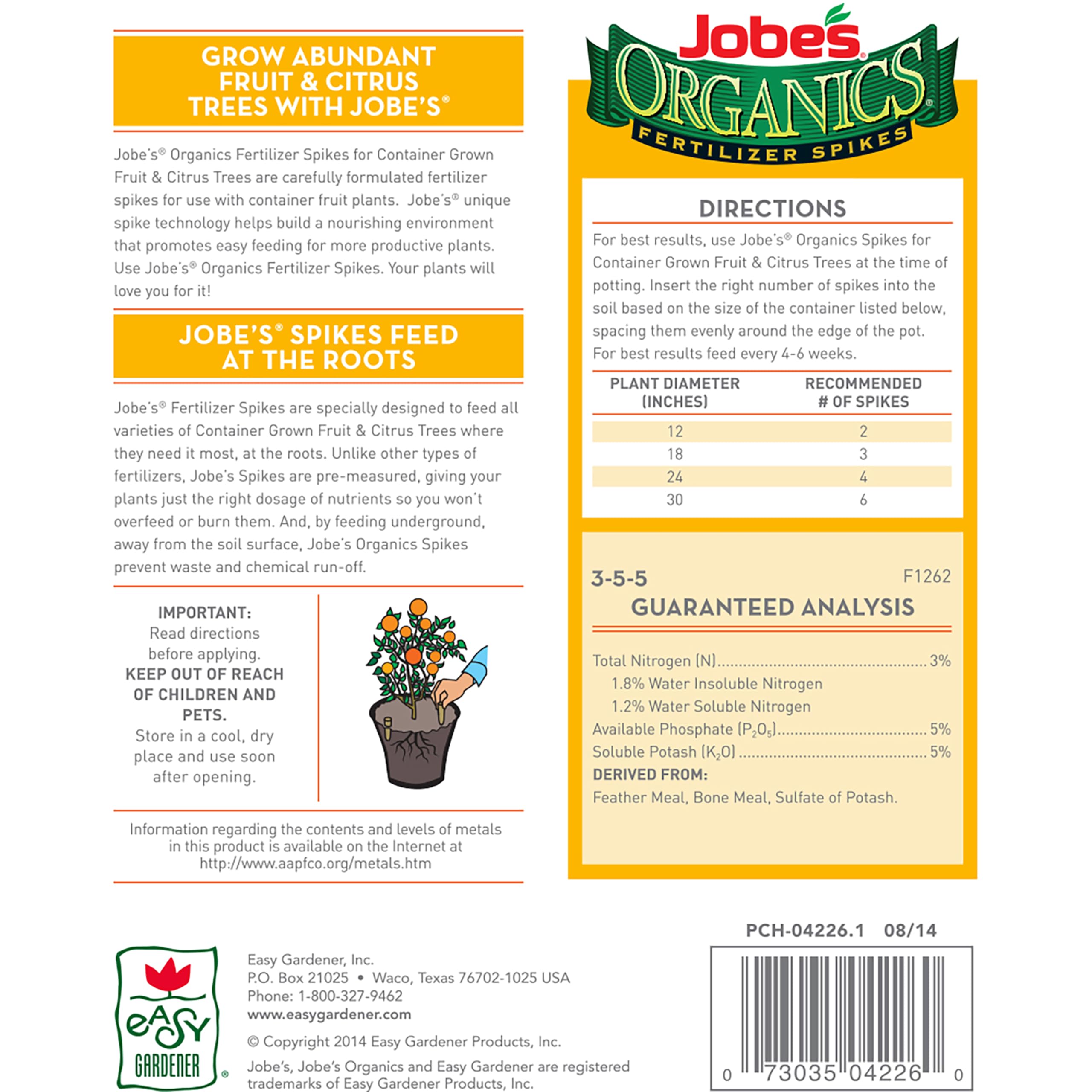 Jobe's Organics OMRI-listed spikes suitable for certified organic gardening.