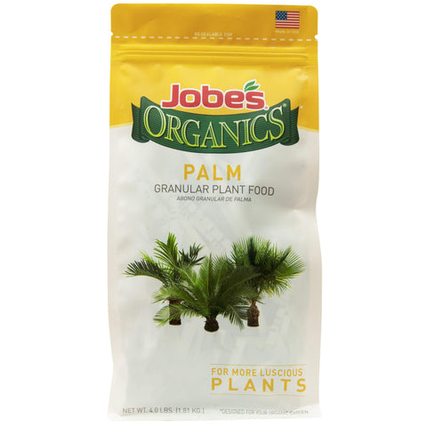 Jobe's Organics palm granular fertilizer bag for palm trees and plants, promotes healthy foliage.