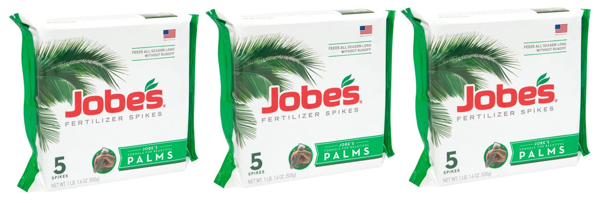 Jobe's Organics palm tree spikes packaging shown for easy at-root feeding