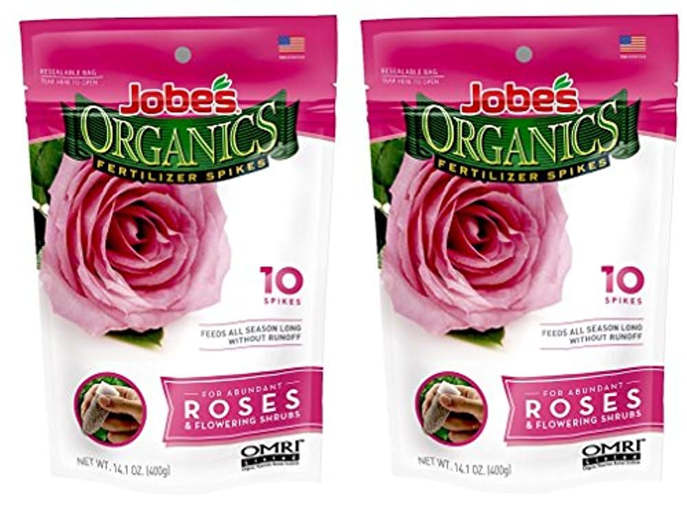 Jobe’s Organics Rose Fertilizer Spikes packaging, highlighting convenient at-root feeding for roses.