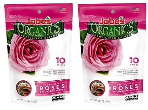Jobe’s Organics Rose Fertilizer Spikes packaging, highlighting convenient at-root feeding for roses.