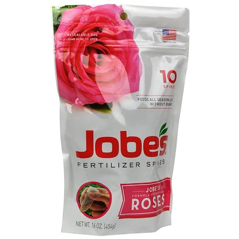 Jobes Organics rose spikes applied in soil around plant for targeted nutrients